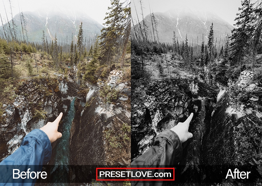 Before and after comparison of B&W Landscape preset by PresetLove, showcasing enhanced contrast and dramatic black and white tones in a scenic landscape photograph.