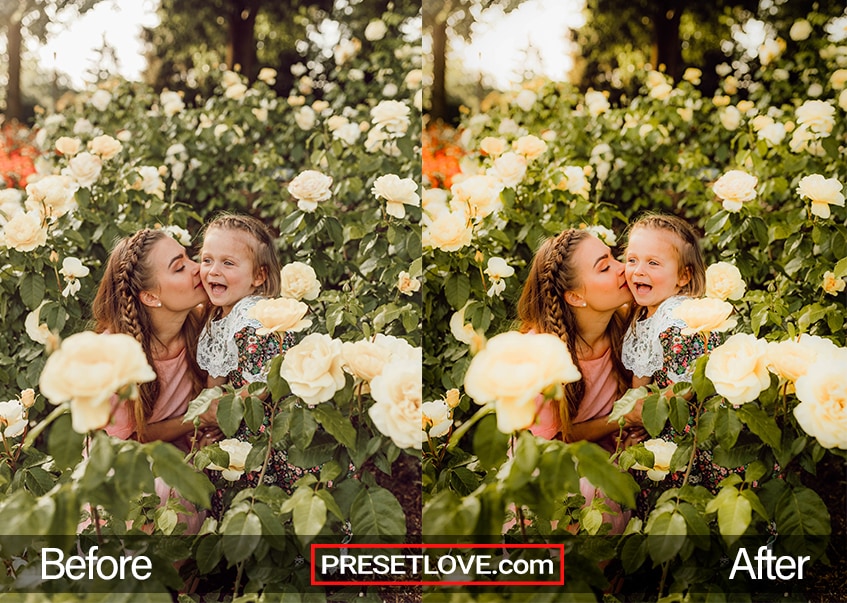 A vibrant outdoor photo of a mother and daughter in flowering fields