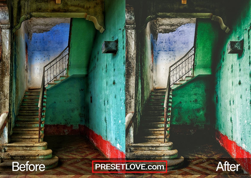 A grungy and colorful staircase