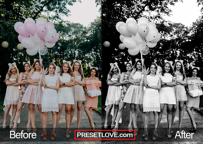 A vibrant black and white photo of bridesmaids holding balloons