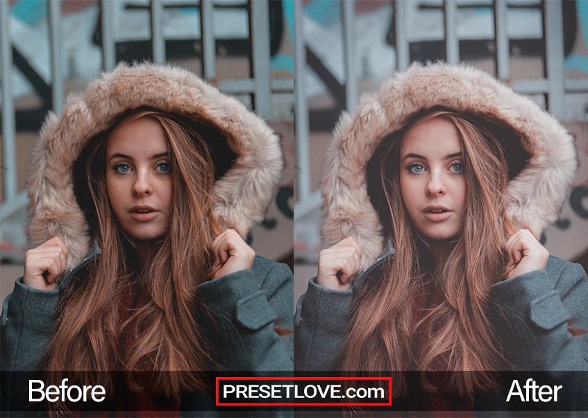 A dark matte Lightroom preset applied to a film portrait of a woman wearing a coat