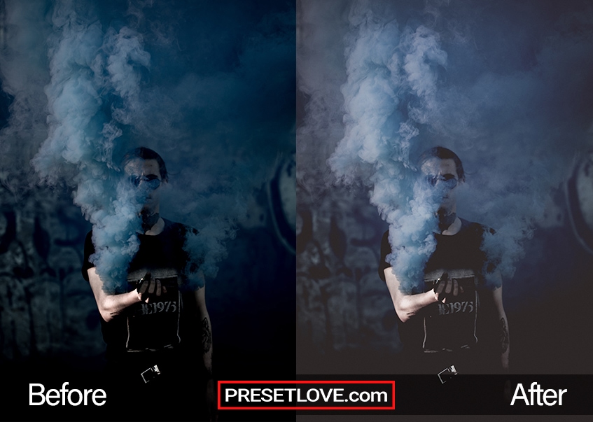 A dark matte Lightroom preset applied to a photo of a man covered in smoke