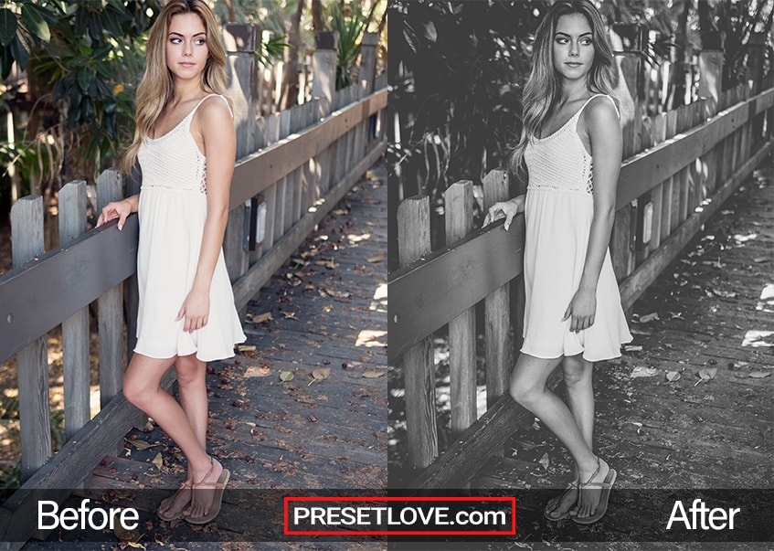 Before and after image when applying Mono Fade Preset from PresetLove of a woman standing by a fence