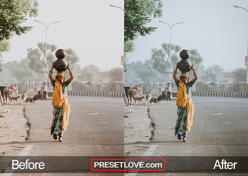A photo with a film preset applied, featuring a woman balancing a jar on her head while walking along the street.