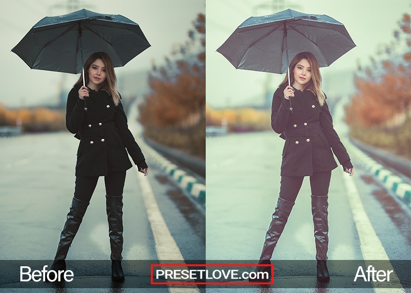 A bright and warm matte photo of a woman wearing a black trench coat and boots, while using a black umbrella