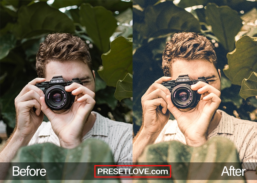 Warm and enhanced portrait of a photographer shooting with his camera