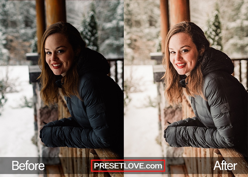 Shows Preset effects on Woman Detailed Outdoor Portrait with snow on porch