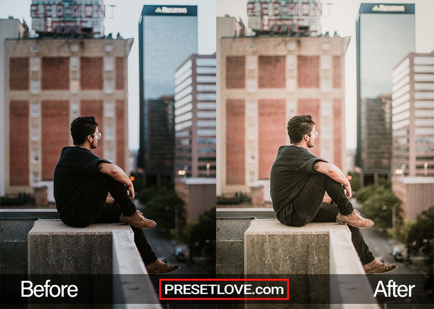 Man sitting on Roof in Urbanscape Scene with Warm Exposure