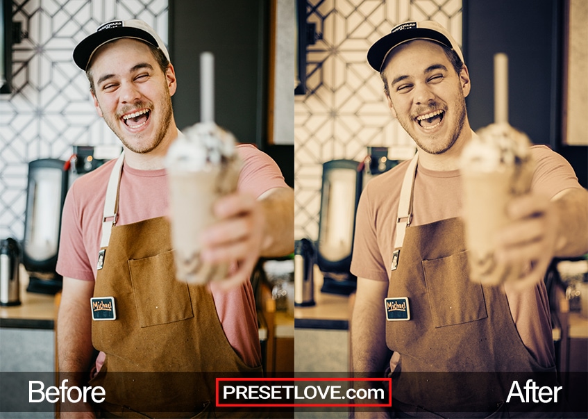 An expressive cross-processed photo of a barista holding up a cup of frosty drink