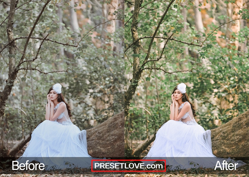 A bright and vibrant photo of a bride sitting on a log