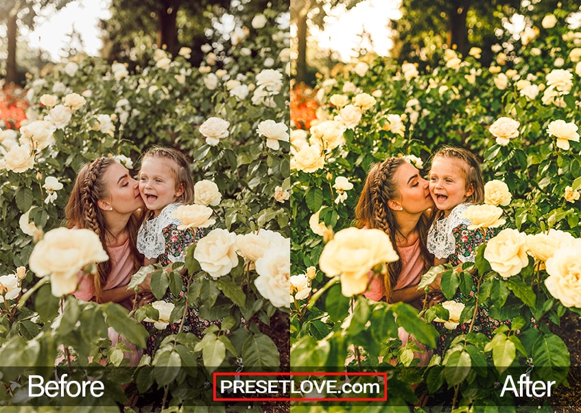 A mother and daughter in a lush and vibrant field of flowers