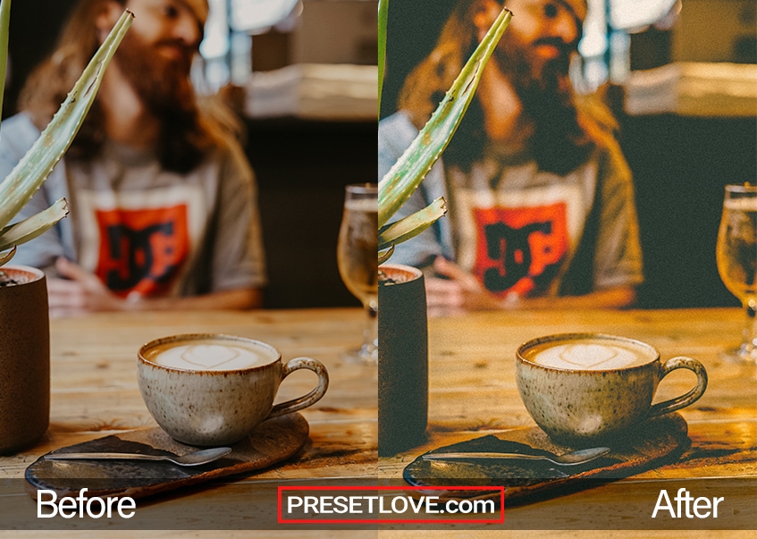 A warm film photo of a coffee in a textured mug