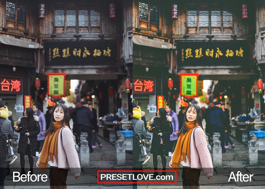 A matte photo of a woman wearing an orange scarf and standing at the middle of an urban street with store signs in Chinese