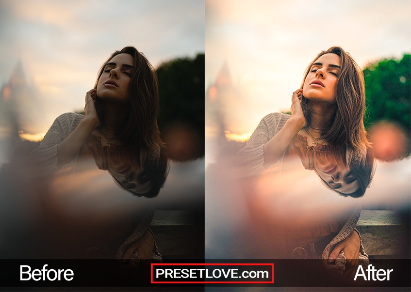 A warm and vibrant outdoor portrait of a woman with a long and wavy brown hair