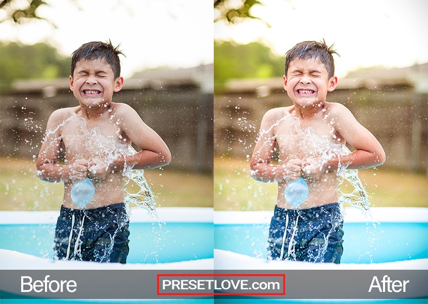 A lively photo of a boy cheerfully splashing water onto himself