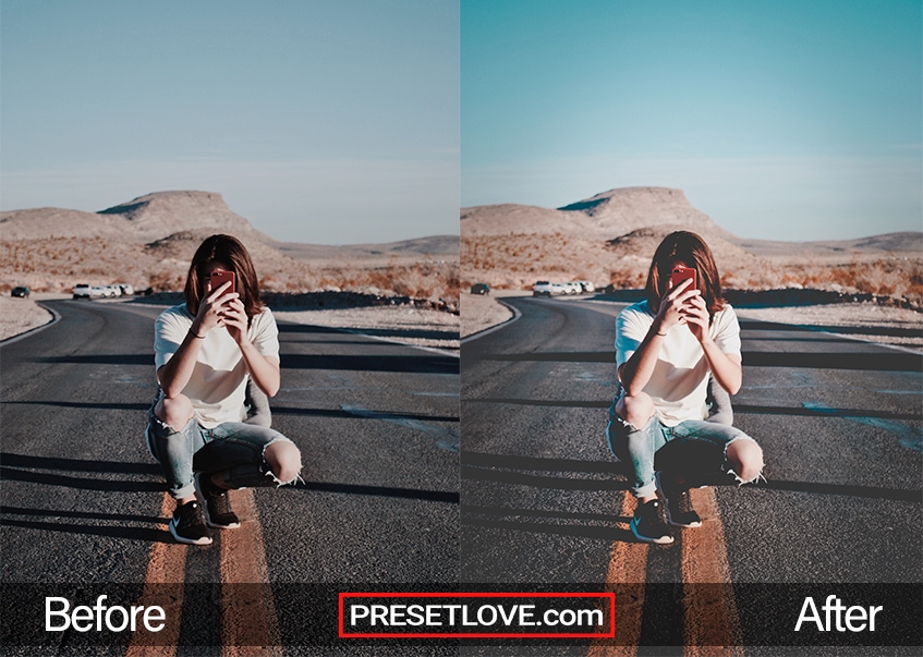 A vibrant matte photo of a woman at the middle of the road