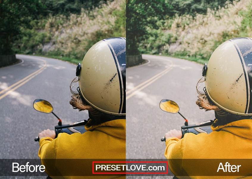 A warm retro photo of a man riding a motorcycle with a yellow shirt