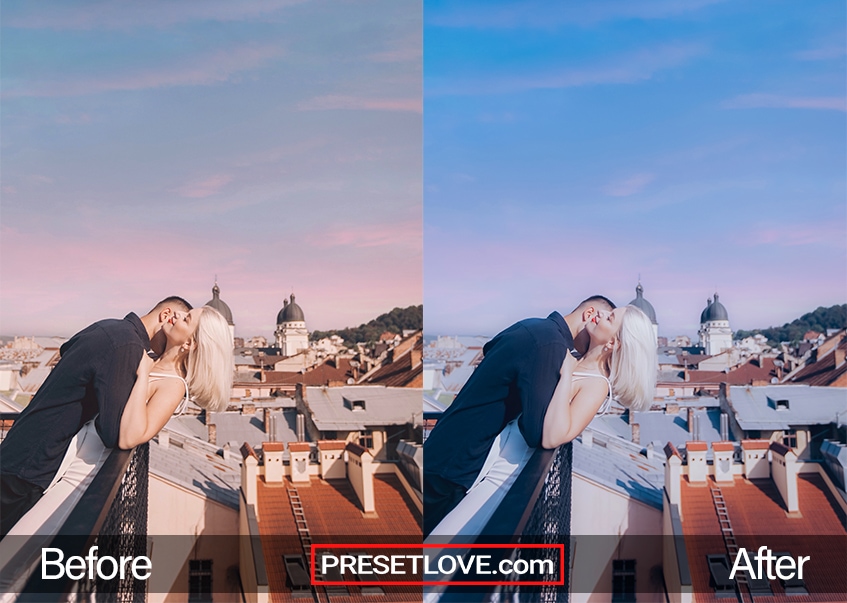 A smooth cool photo of a couple at a balcony, with a vivid blue and pink sky at the background
