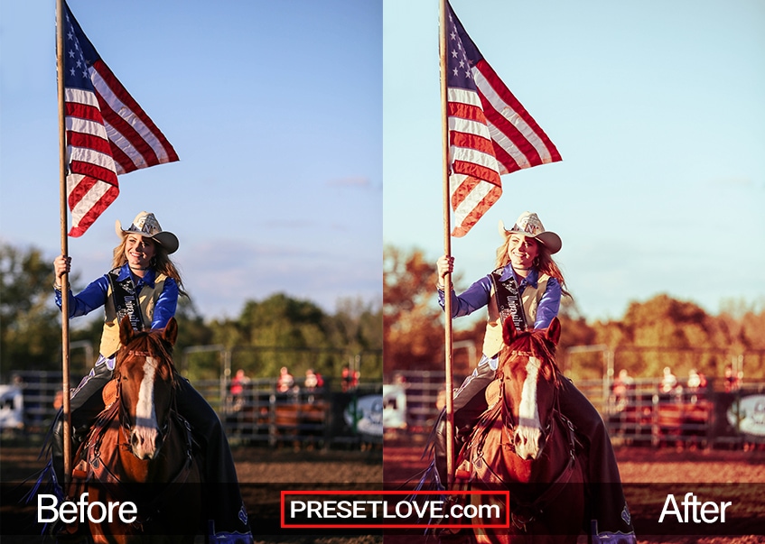 A retro photo of a woman carying a flag while on a horse