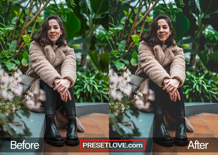 A vivid matte film portrait of a woman in a brown coat sitting next to foliage