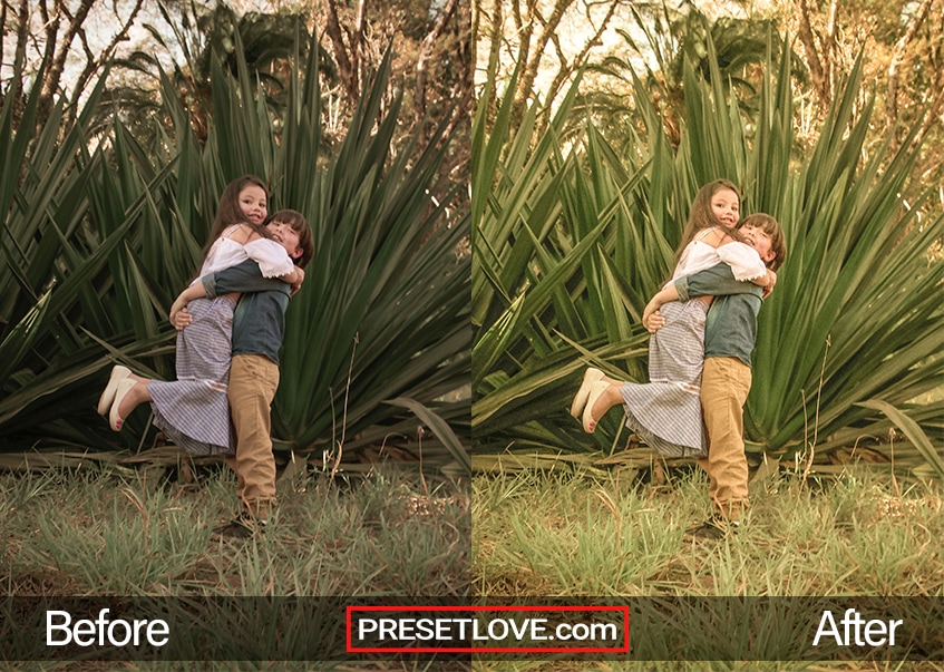 A warm retro photo of children playfully hugging at a park