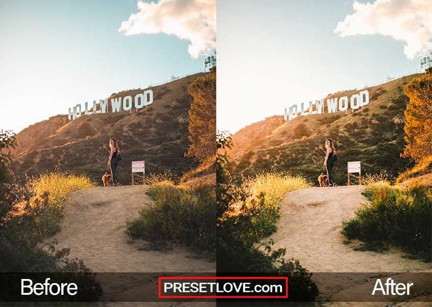 A crisp golden hour photo of a woman standing in front of the Hollywood sign on Mount Lee