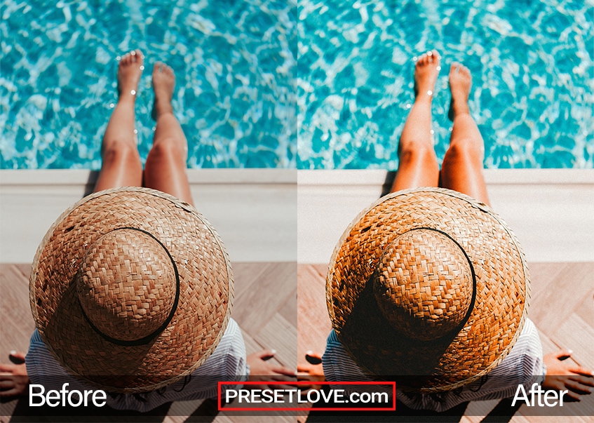 A top-view photo of a woman sitting at the edge of a pool wearing a sun hat