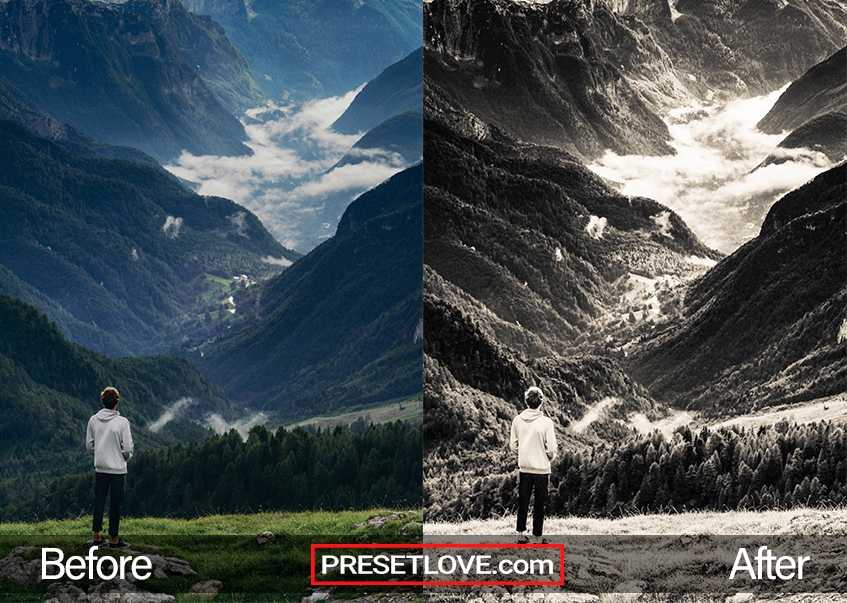 An infrared photo of a man standing in front of a mountain landscape