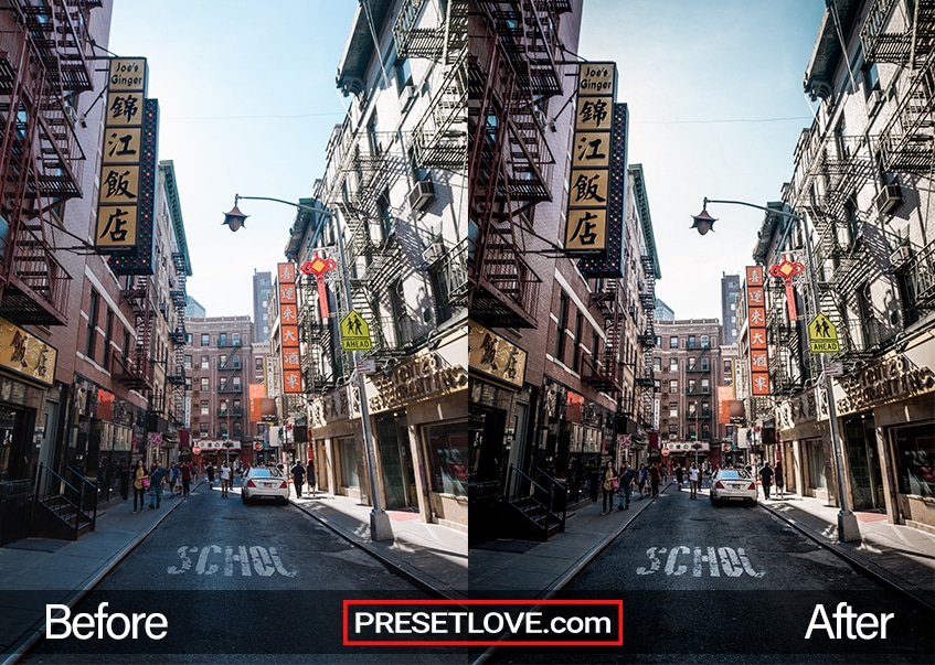 A photo of a vibrant street scene in Japan, with an urban Lightroom preset applied