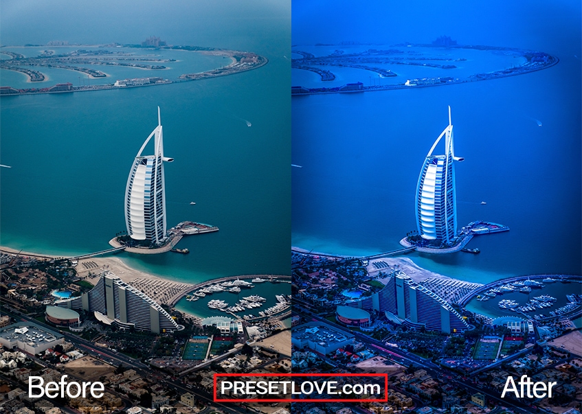 A photo of the Burj Al Arab surrounded by deep blue waters
