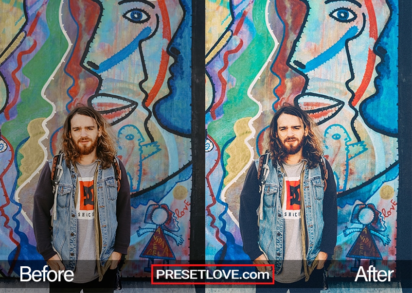 A colorful portrait of a man in front of a vibrant street art