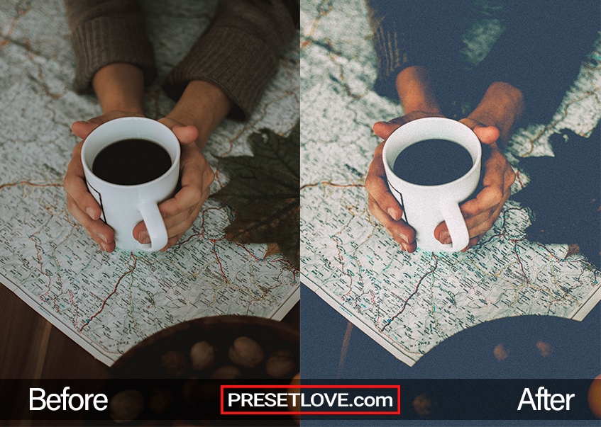 A faded and grainy photo of someone's hands holding a white mug of coffee over a map