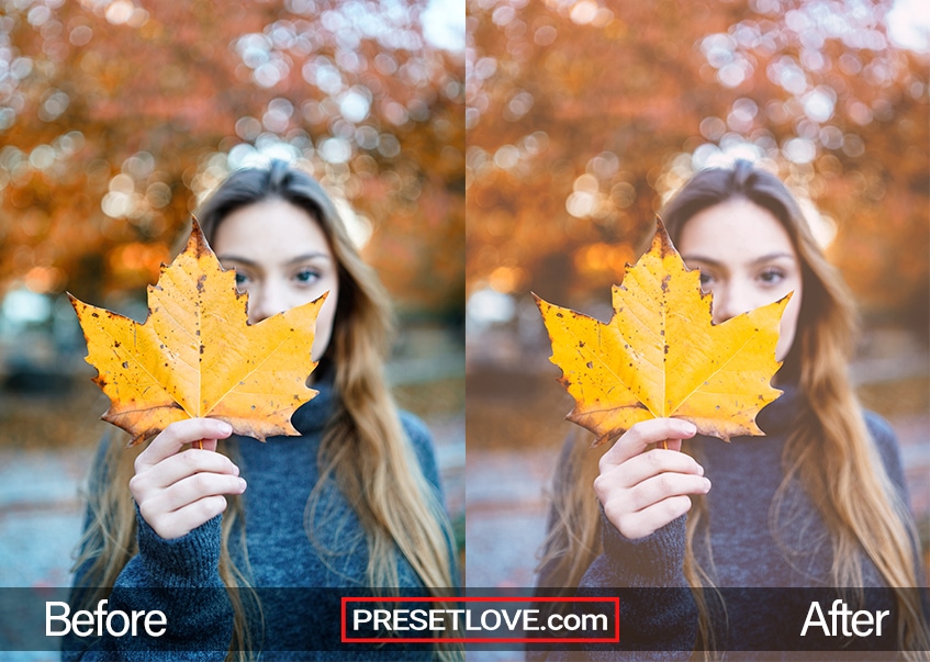 A warm and bright outdoor photo of a woman holding a maple leaf