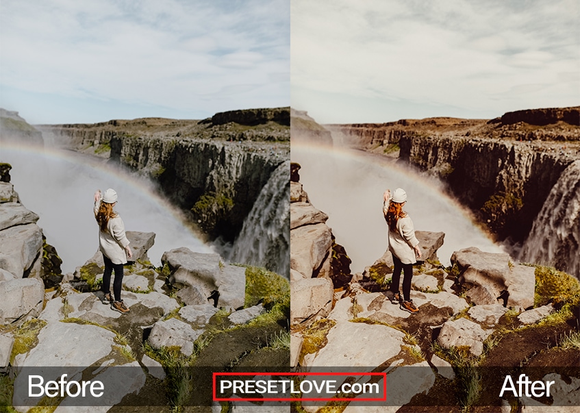 A classic Polaroid photo of a woman viewing a waterfall from a cliff's edge