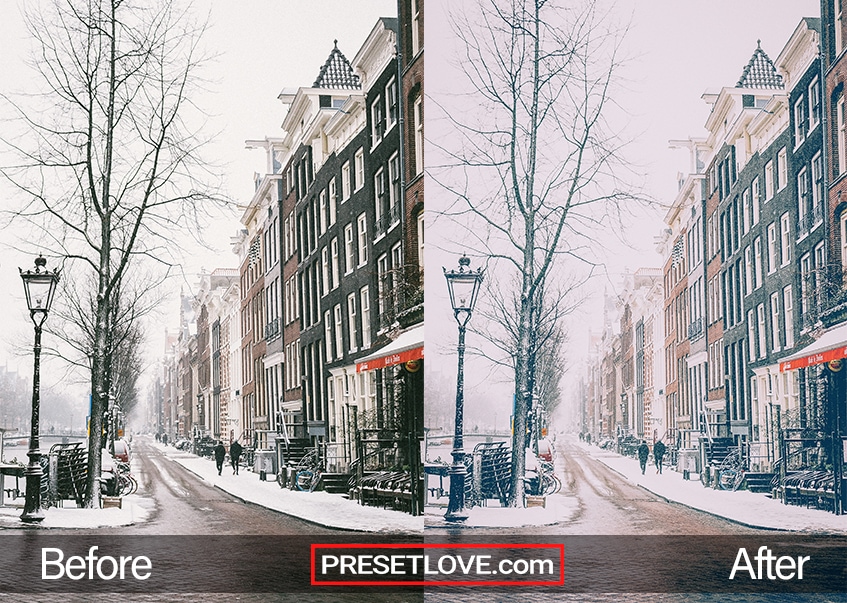 A soft and cinematic winter photo of a street lined with brick buildings