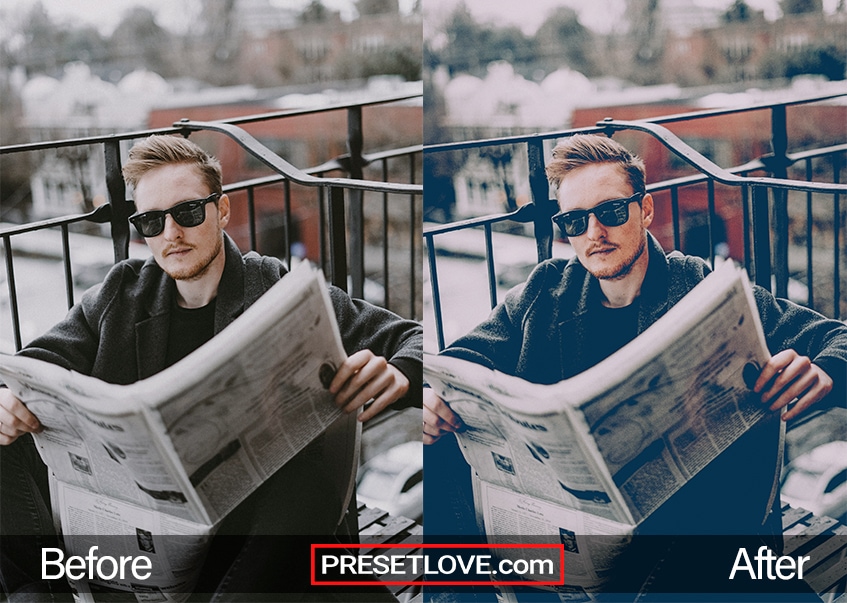 A soft and cinematic photo of a man wearing sunglasses and holding open a newspaper