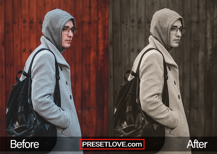 A monochrome sepia photo of a man wearing a hoodie and a backpack