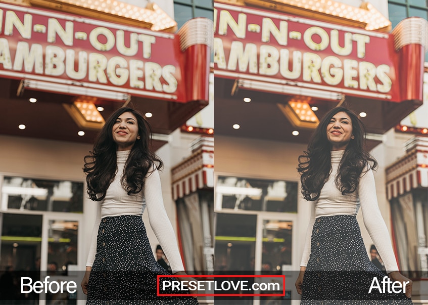 A soft film outdoor portrait of a woman wearing a white long-sleeved top and black skirt, standing in front In-N-Out Hamburgers