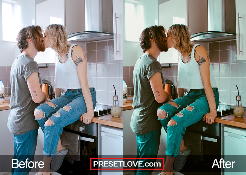 A vibrant retro photo of a couple kissing in the kitchen