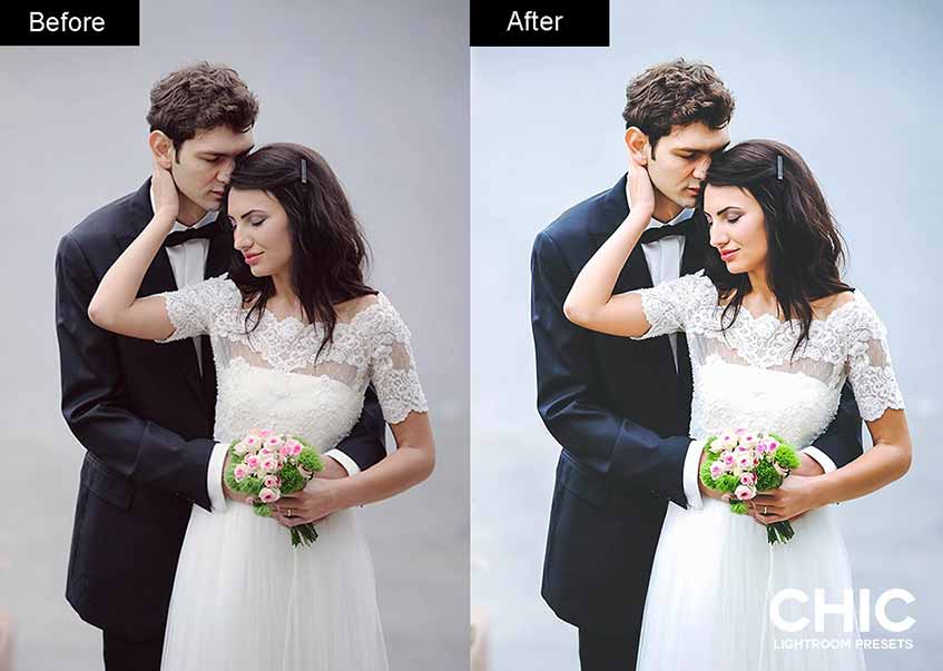 Elegant Wedding Lightroom preset applied to a photo featuring a couple in a wedding photo shoot