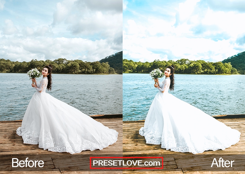 Elegant Wedding Lightroom preset applied to a photo featuring a bride posing by a lake