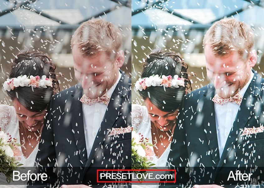 Elegant Wedding Lightroom preset applied to a photo featuring a newly wed couple being showered with rice after the ceremony