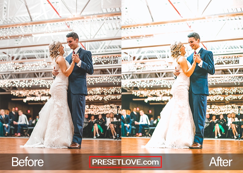 Elegant Wedding preset applied to a photo of a couple dancing in a wedding reception