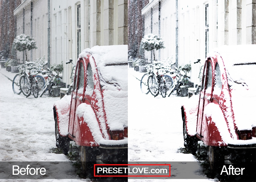 A red car parked along a snowy street