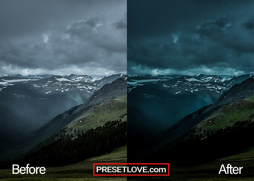 A dark and vivid photo of a mountain landscape