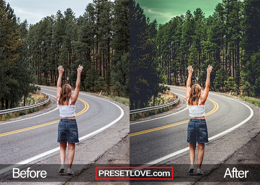 A cinematic photo of a woman raising hair hands while standing by the road