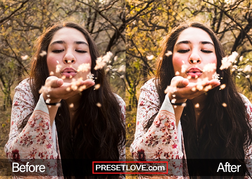 A sharp and clear outdoor portrait of a woman blowing flower petals to the camera