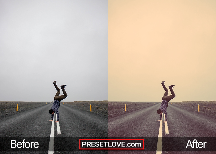 A warm retro preset of a man doing a headstand in the middle of the road