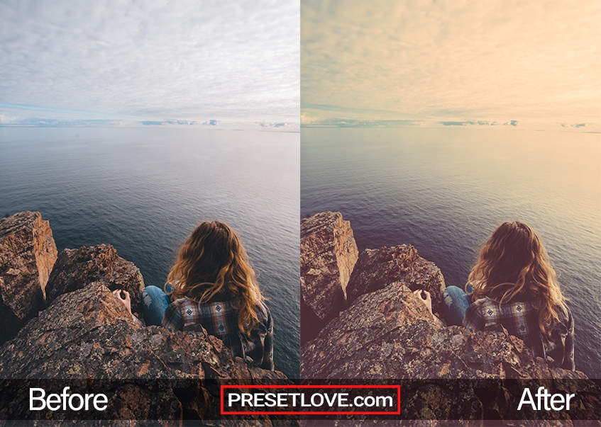 A warm retro preset of a woman looking out into the sea