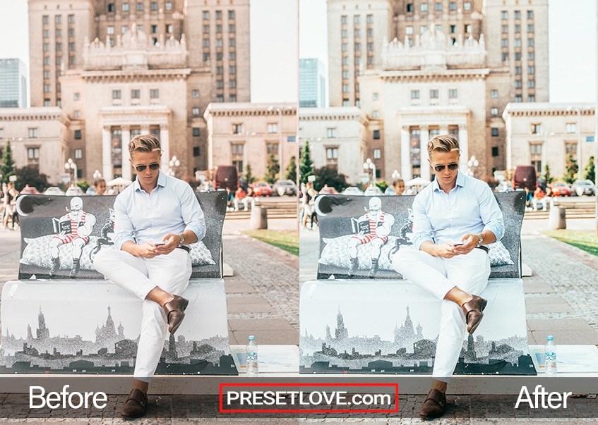 A cool film photo of a man setting on a bench in front of a majestic architecture